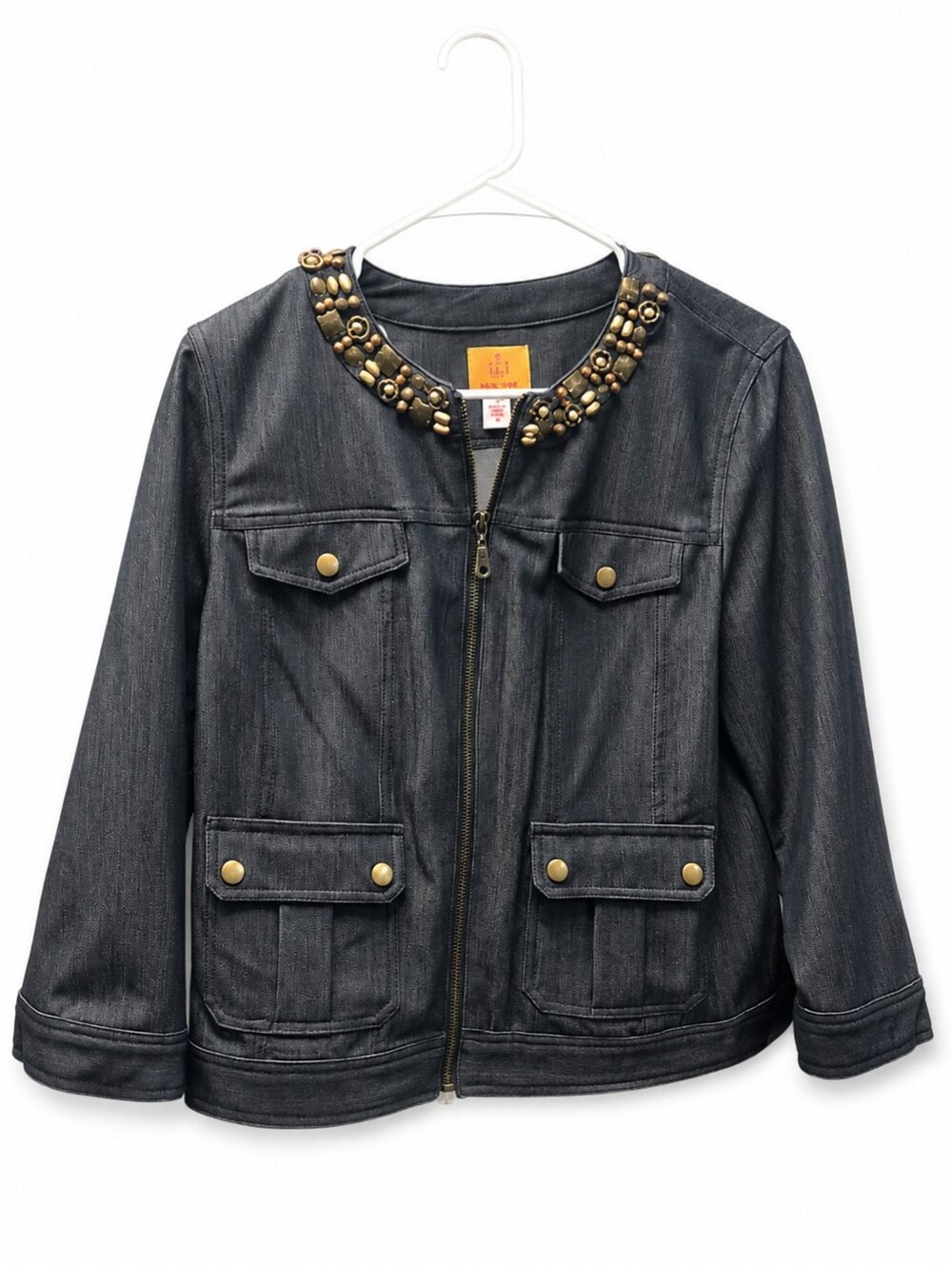 Embellished Collar Dark Gray Denim Jacket.